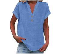 Camicie casual in lino di cotone da donna Top estivi 2026 Camicette a tunica con bottoni a maniche corte allentate alla moda con scollo a V, Blu, XXL