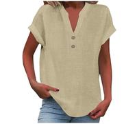 Camicie casual in lino di cotone da donna Top estivi 2026 Camicette a tunica con bottoni a maniche corte allentate alla moda con scollo a V, cachi, M