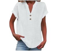 Camicie casual in lino di cotone da donna Top estivi 2026 Camicette a tunica con bottoni a maniche corte allentate alla moda con scollo a V, bianco, S