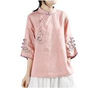 Camicie con maniche a 3/4 per le donne eleganti fiori floreali ricamati colletto alla coreana camicetta leggera casual Qipao Cheongsam Top vintage camicia in stile etnico cinese abbigliamento