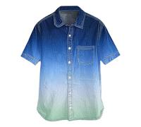 Camicie con risvolto da uomo retrò a maniche corte button down camicia in tessuto pesante casual stampato estate spiaggia camicia in cotone pesante, Blu, XL