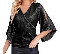 Camicie con scollo a V da donna a maniche lunghe, base con paillettes, maniche a 3/4, glitterate, camicetta casual per sera da donna, camicie natalizie a maniche lunghe, Magliette nere oversize per le