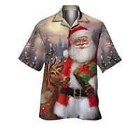 Camicie da bowling hawaiane da uomo camicie natalizie da uomo stampate abbottonatura Babbo Natale casual vestibilità regolare leggera top da donna camicette, E, 3XL