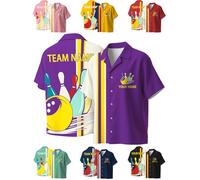 Camicie da bowling personalizzate per uomo donna nome della squadra retrò scollo a V maniche corte abbottonate design vintage a contrasto, Viola, Taglia unica