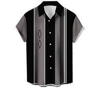 Camicie da bowling vintage da uomo anni '50 casual a maniche corte abbottonatura camicia a contrasto estate blocchi di colore camicie cubane, Nero Grigio Geometrico, 3XL