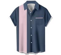 Camicie da bowling vintage da uomo anni '50 casual a maniche corte abbottonatura camicia a contrasto estate blocchi di colore camicie cubane, Grigio e rosa, M