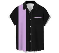 Camicie da bowling vintage da uomo anni '50 casual a maniche corte abbottonatura camicia a contrasto estate blocchi di colore camicie cubane, Lavanda e Nero, M