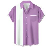 Camicie da bowling vintage da uomo anni '50 casual a maniche corte abbottonatura camicia a contrasto estate blocchi di colore camicie cubane, Lavanda e Bianco, L