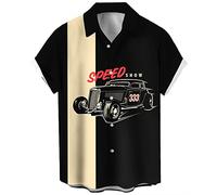 Camicie da bowling vintage da uomo anni '50 casual a maniche corte abbottonatura camicia a contrasto estate blocchi di colore camicie cubane, 333 Auto, L
