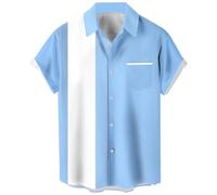 Camicie da bowling vintage da uomo anni '50 casual a maniche corte abbottonatura camicia a contrasto estate blocchi di colore camicie cubane, Azzurro e Bianco, S