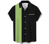 Camicie da bowling vintage da uomo anni '50 casual a maniche corte abbottonatura camicia a contrasto estate blocchi di colore camicie cubane, Salvia e striscia nera, L