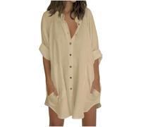 Camicie da donna a 3/4 maniche lunghe, stile casual, con scollo a V, abbottonatura frontale, tunica con tasche, leggera, in cotone e lino, blusa estiva, per spiaggia, taglie forti, 22/24, saldi, Beige