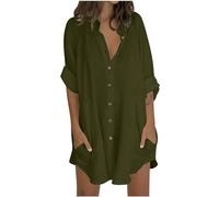 Camicie da donna a 3/4 maniche lunghe, stile casual, con scollo a V, abbottonatura frontale, tunica con tasche, leggera, in cotone e lino, blusa estiva, per spiaggia, taglie forti, 22/24, saldi, Verde