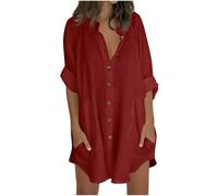 Camicie da donna a 3/4 maniche lunghe, stile casual, con scollo a V, abbottonatura frontale, tunica con tasche, leggera, in cotone e lino, blusa estiva, per spiaggia, taglie forti, 22/24, saldi, XL
