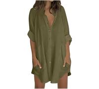 Camicie da donna a 3/4 maniche lunghe, stile casual, con scollo a V, abbottonatura frontale, tunica con tasche, leggera, in cotone e lino, blusa estiva, per spiaggia, taglie forti, 22/24, saldi, Verde