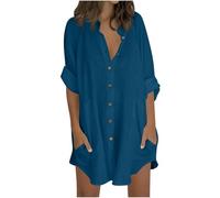 Camicie da donna a 3/4 maniche lunghe, stile casual, con scollo a V, abbottonatura frontale, tunica con tasche, leggera, in cotone e lino, blusa estiva, per spiaggia, taglie forti, 22/24, saldi, XXL