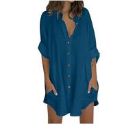 Camicie da donna a 3/4 maniche lunghe, stile casual, con scollo a V, abbottonatura frontale, tunica con tasche, leggera, in cotone e lino, blusa estiva, per spiaggia, taglie forti, 22/24, saldi, 3XL