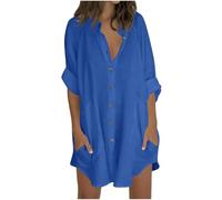 Camicie da donna a 3/4 maniche lunghe, stile casual, con scollo a V, abbottonatura frontale, tunica con tasche, leggera, in cotone e lino, blusa estiva, per spiaggia, taglie forti, 22/24, saldi, S