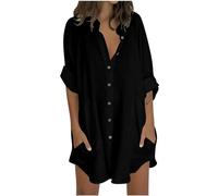 Camicie da donna a 3/4 maniche lunghe, stile casual, con scollo a V, abbottonatura frontale, tunica con tasche, leggera, in cotone e lino, blusa estiva, per spiaggia, taglie forti, 22/24, saldi, Nero