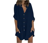Camicie da donna a 3/4 maniche lunghe, stile casual, con scollo a V, abbottonatura frontale, tunica con tasche, leggera, in cotone e lino, blusa estiva, per spiaggia, taglie forti, 22/24, saldi