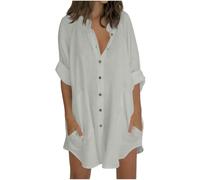Camicie da donna a 3/4 maniche lunghe, stile casual, con scollo a V, abbottonatura frontale, tunica con tasche, leggera, in cotone e lino, blusa estiva, per spiaggia, taglie forti, 22/24, saldi, L