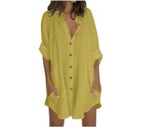 Camicie da donna a 3/4 maniche lunghe, stile casual, con scollo a V, abbottonatura frontale, tunica con tasche, leggera, in cotone e lino, blusa estiva, per spiaggia, taglie forti, 22/24, saldi
