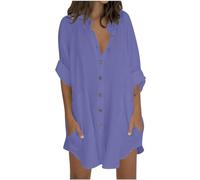 Camicie da donna a 3/4 maniche lunghe, stile casual, con scollo a V, abbottonatura frontale, tunica con tasche, leggera, in cotone e lino, blusa estiva, per spiaggia, taglie forti, 22/24, saldi, XXL