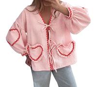 Camicie da donna a maniche lunghe a scacchi casual alla moda da donna con scollo a V top a quadri camicetta a maniche lunghe top ampio Top Love Top Camicia casual 2025 Camicie da donna, Rosa acceso, M