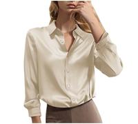 Camicie da donna a maniche lunghe in stile seta satinata leggera con colletto, top business casual slim-fit button-down da donna, camicette da donna a manica lunga per ufficio, lavoro, uso quotidiano