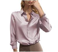 Camicie da donna a maniche lunghe in stile seta satinata leggera con colletto, top business casual slim-fit button-down da donna, camicette da donna a manica lunga per ufficio, lavoro, uso quotidiano