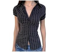 Camicie da donna Basic Button Down Maniche ad aletta Colletto con risvolto Leggero Slim Fit Camicetta Classica Confortevole Plus Size Elegante Trendy Uscire Estate Ufficio T-shirt, 3nero, S