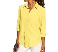 Camicie da donna casual comode da donna primavera e autunno tinta unita a maniche lunghe con bottoni laterali spaccati e colletto alla coreana camicie occidentali per le donne, Giallo, L