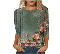 Camicie da donna con stampa floreale carina, vestibilità casual, girocollo, maniche a 3/4, magliette di base, comode camicette per uscire top vestiti leggeri, A-Rose Gold, S