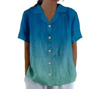 Camicie da donna in cotone e lino con bottoni a maniche corte camicette con scollo a V top in garza abbottonata, 1d-blu, XXL