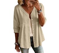 Camicie da donna in cotone e lino con bottoni, maniche a 3/4, camicette larghe con scollo a V, casual, maniche a 3/4, top estivi per tutti i giorni, Beige, L
