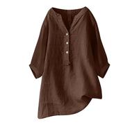 Camicie da donna in cotone e lino, estive, casual, con maniche arrotolabili, con bottoni e scollo a V, top Lagenlook oversize largo, maglietta lunga per leggings, Marrone, M