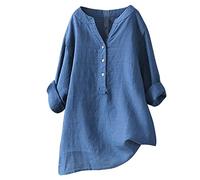 Camicie da donna in garza di lino fresche per le donne estive a maniche lunghe a 3/4 abiti oversize casual aderenti camicette con scollo a V Club alto basso colletto in piedi button down solido top in