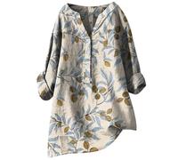 Camicie da donna in garza di lino grafica per le donne 2026 manica a 3/4 comode top oversize vestibilità ampia abbigliamento anime scollo a V fluente alto basso autunno manica lunga garza increspata