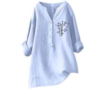 Camicie da donna in garza increspata in lino grafico basic con maniche a 3/4 scollo a V tunica oversize casual 2026 vestiti autunno festa button down manica lunga comoda top in cotone da donna camicia