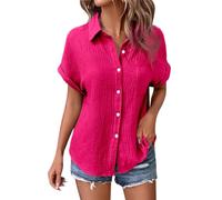 Camicie da donna in lino button down estate 2026 casual primavera manica corta lino cotone oversize abbigliamento alla moda manica dolman top garza leggera fidanzato colletto Vcation Womens, Rosa