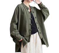 Camicie da donna in lino Camicette oversize Giacche crop vintage a maniche lunghe Bottoni a rospo cinesi Cape trench a vestibilità ampia, Verde vintage., L