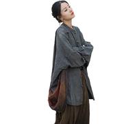 Camicie da donna in lino Camicette oversize Giacche crop vintage a maniche lunghe Bottoni a rospo cinesi Cape trench a vestibilità ampia, grigio scuro, L