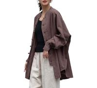Camicie da donna in lino Camicette oversize Vintage Giacche a maniche lunghe sagomate con bottoni a rana cinese Capo trench a vestibilità ampia, Caffè, L