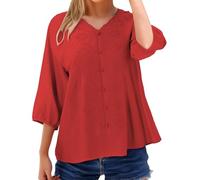 Camicie da donna in lino con ricamo floreale, maniche a 3/4, scollo rotondo, bottoni, babydoll top camicette, 1b-rosso, XL
