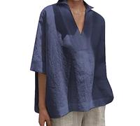 Camicie da donna in lino per l'estate, camicette in cotone e lino per il Regno Unito, camicetta a maniche corte con scollo a V, tinta unita, camicie per uscire fuori top, maglietta oversize, top