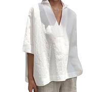 Camicie da donna in lino per l'estate, camicette in cotone e lino per il Regno Unito, camicetta a maniche corte con scollo a V, tinta unita, camicie per uscire fuori top, maglietta oversize, top