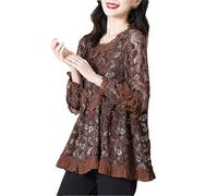 Camicie da donna in pizzo con volant tinta unita scava fuori camicetta con scollo a V camicetta lunga allentata, Marrone scuro, XL