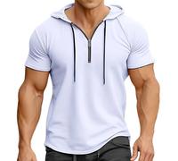 Camicie da golf da uomo con cerniera a un quarto a maniche corte con cappuccio, maglietta leggera da atletica estiva, bianco, L