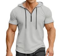 Camicie da golf da uomo con cerniera a un quarto a maniche corte con cappuccio, maglietta leggera da atletica estiva, grigio, L