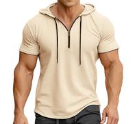 Camicie da golf da uomo con cerniera a un quarto a maniche corte con cappuccio, maglietta leggera da atletica estiva, cachi, XL